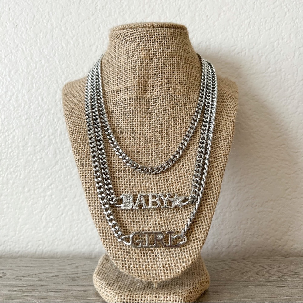 NEW | silver layered chain necklace with “baby girl” charm